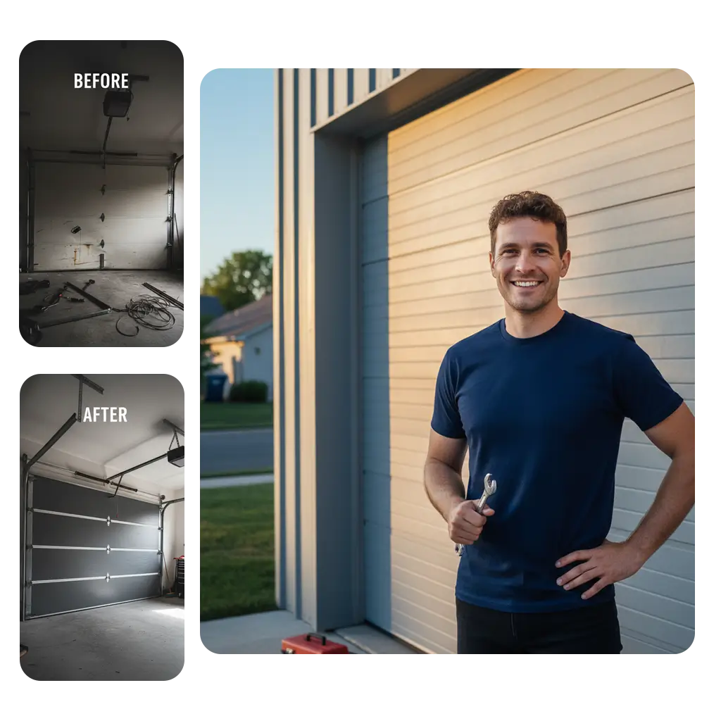 Professional garage door repair before and after showing a technician and a newly installed modern grey garage door in Texas.